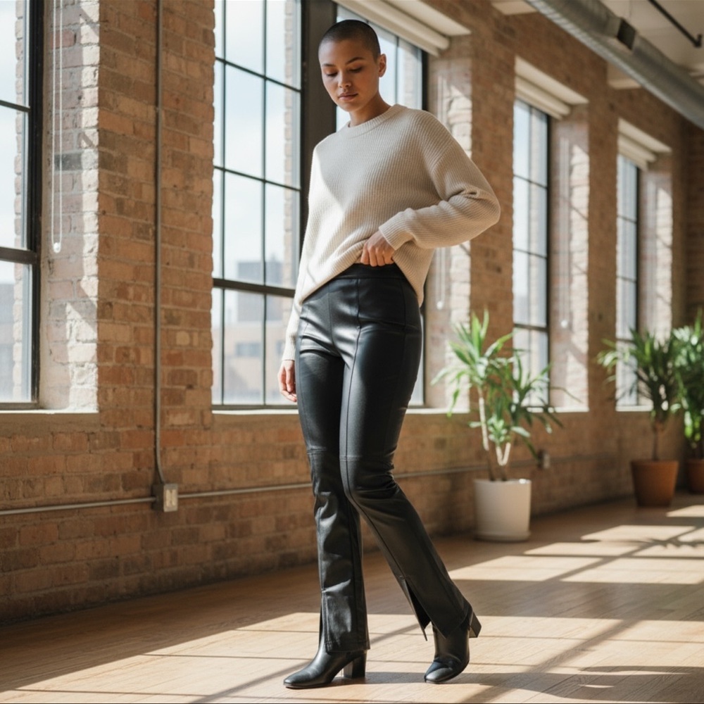 Spanx Faux Leather Front Slit Moto  Leggings Womens Black High Rise Pull On 1X T